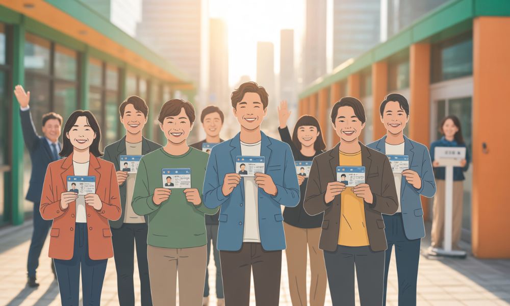 제21대 대통령선거 투표소로 향하는 다양한 연령대의 유권자들이 미소를 지으며 실물 및 모바일 신분증을 들고 있는 모습.