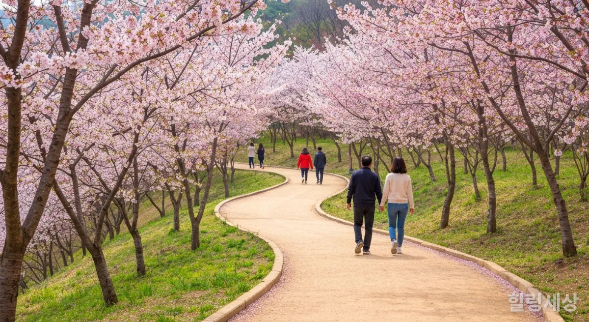벚꽃이 만개한 숲길을 걷는 사람들