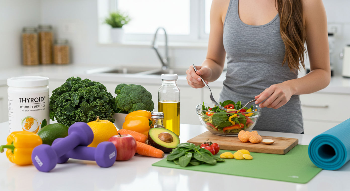 갑상선 건강을 위한 음식과 운동을 표현한 건강 라이프스타일 이미지