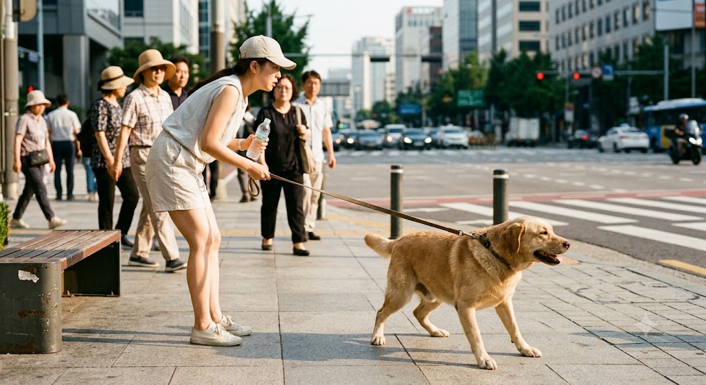 강아지가 산책 중 멈춰서 버티는 모습 이미지