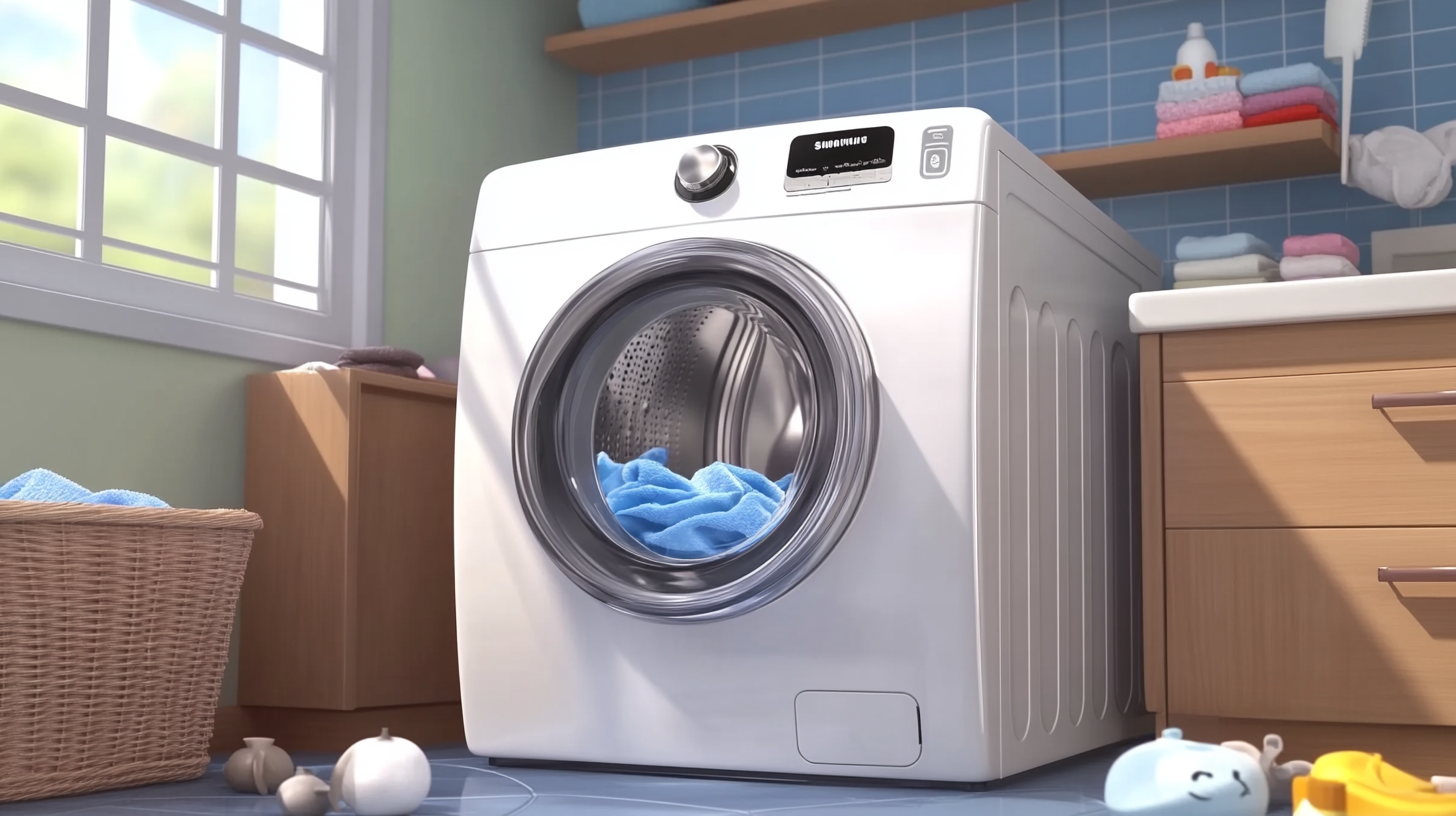 삼성 가전의 친환경 기능을 강조하고 물 절약 기술에 중점을 두어 에너지 효율적인 세탁 과정을 묘사한 장면입니다.