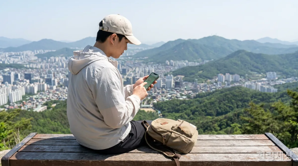 트레킹 중 스마트폰으로 지도를 확인하는 학생