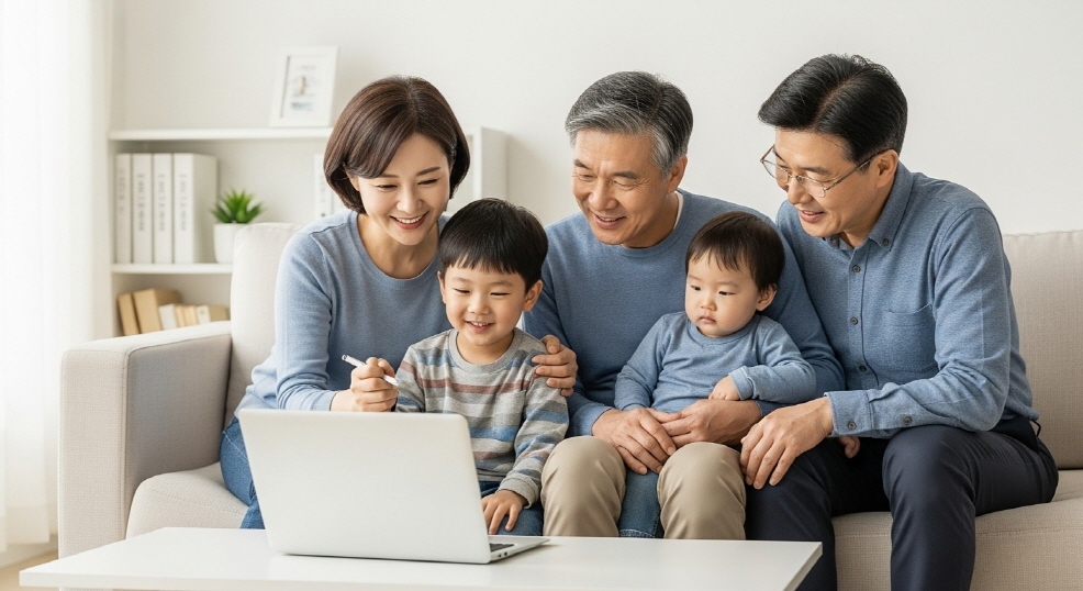 한국인 가족이 밝은 거실에서 함께 노트북을 보며 정부지원금을 신청하는 장면