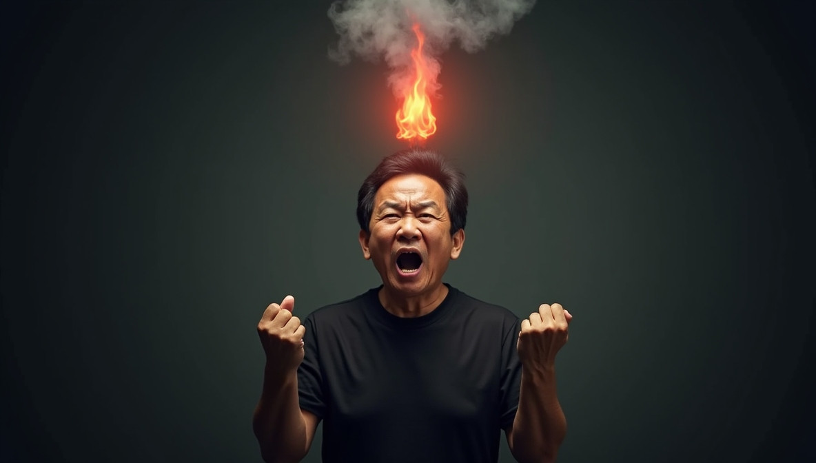 분노와 짜증으로 인해 머리위로 불꽃이 피어오르는 모습