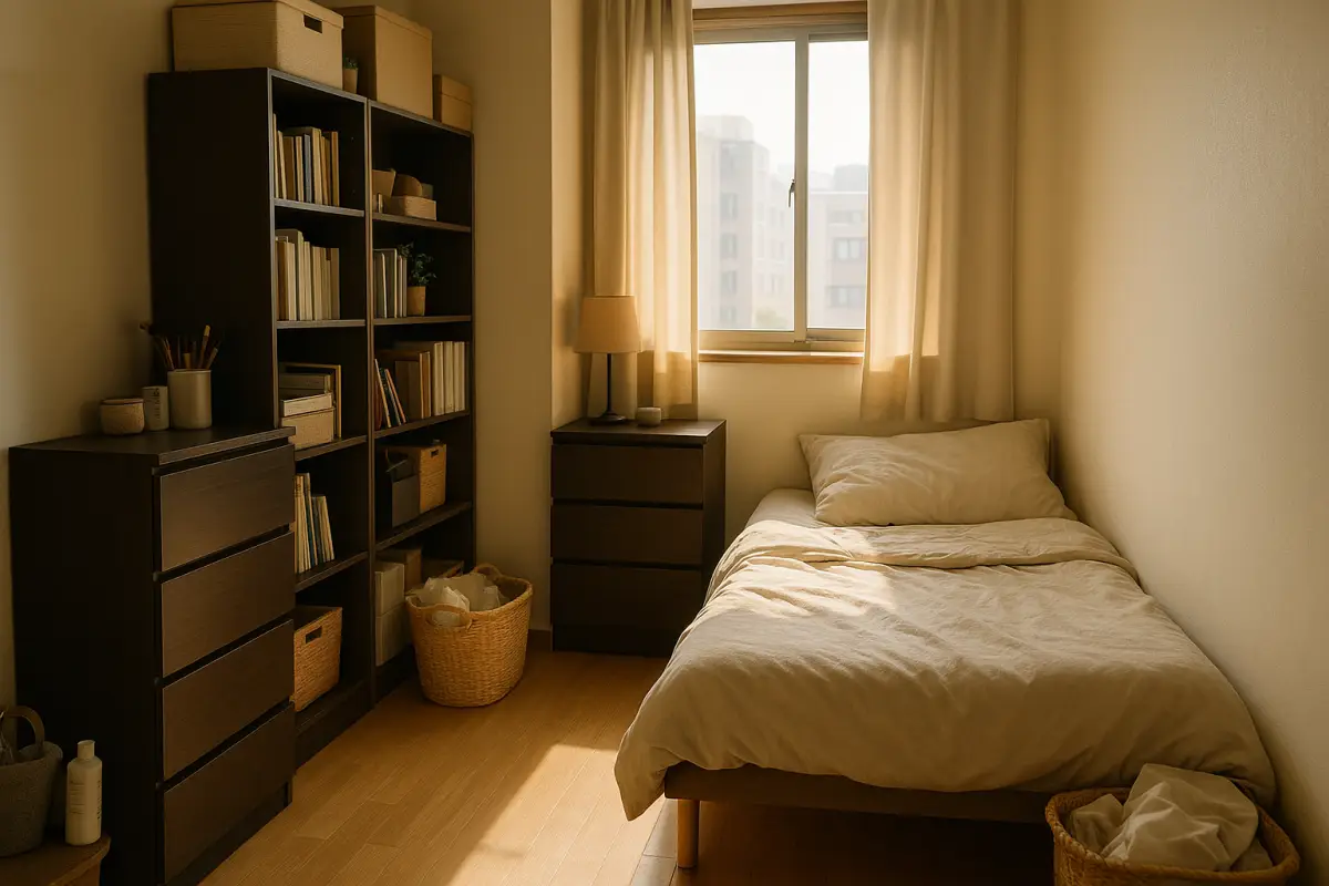 7평 자취방 가구 배치 실수 장면 – 좁은 공간의 비효율적인 구성 예시