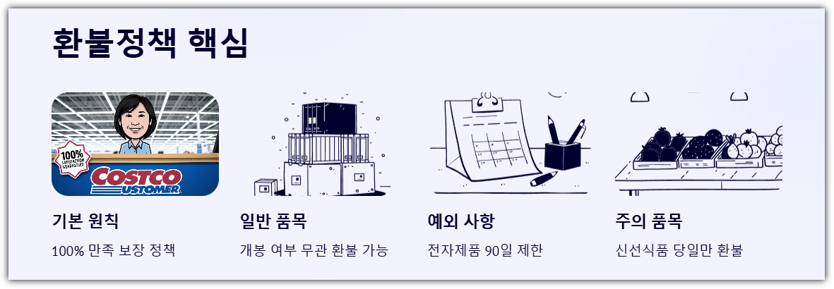 코스트코 환불정책 핵심
1)기본원칙
2)일반품목
3)예외사항
4)주의품목
