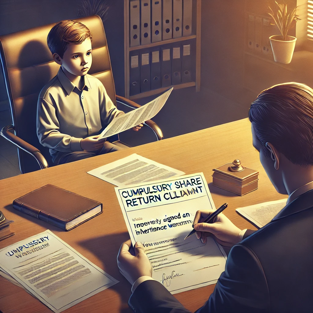 상속포기 각서를 쓴 자녀가 유류분 반환 청구를 하는 장면, 서류를 재검토하는 모습