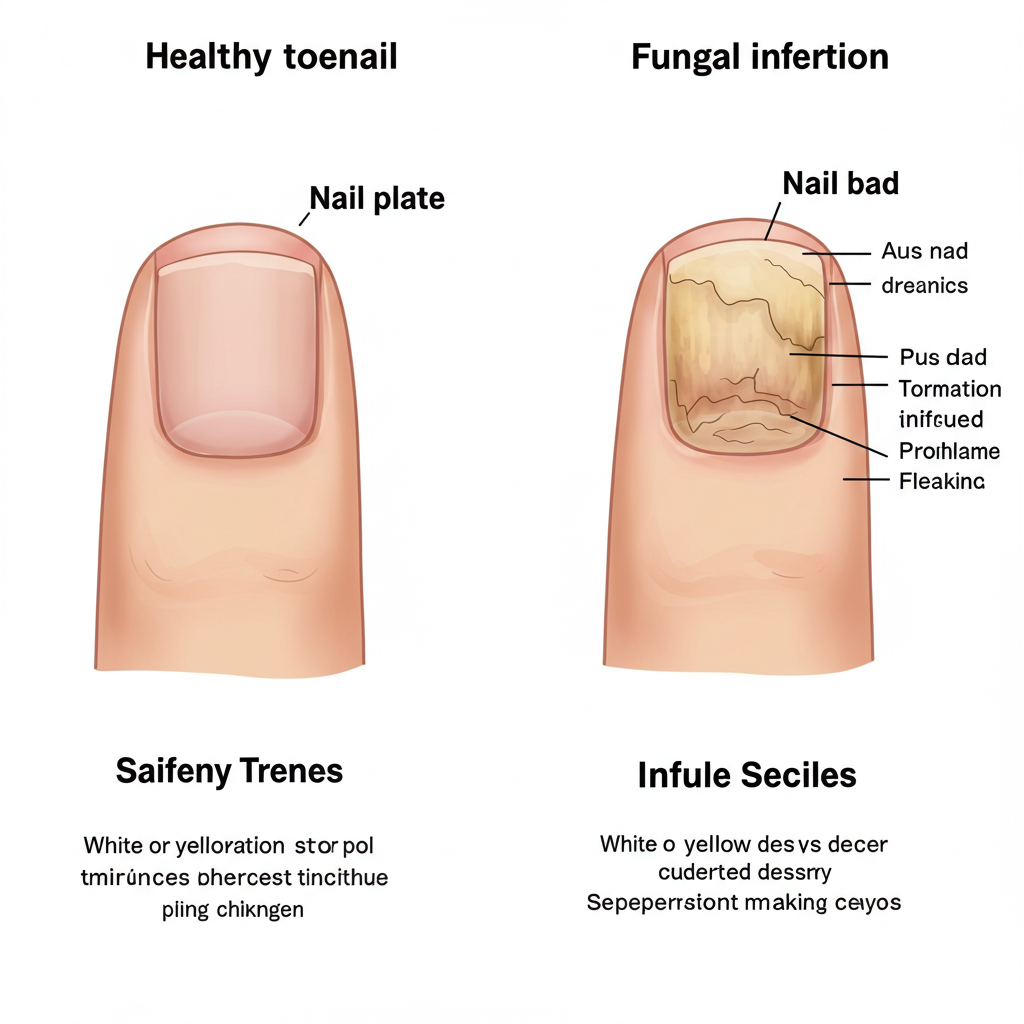 건강한 발톱과, 무좀균에 감염되어 두꺼워지고 변색된 발톱을 나란히 비교하여 보여주는 의학 일러스트