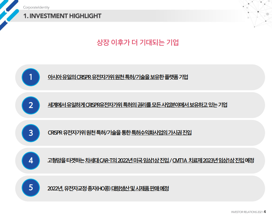 툴젠-Toolgen-아시아유일CRISPR-유전자가위-원천특허기술보유-고형암타겟-차세대CART-미국임상1상-CMTIA치료제-2023임상1상진입-유전자교정조정-HO콩대량생산및시제품판매