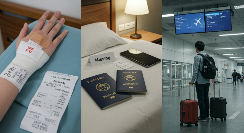여행 중 발생할 수 있는 병원 치료, 짐 분실, 항공 지연 등 보상 가능한 상황들.