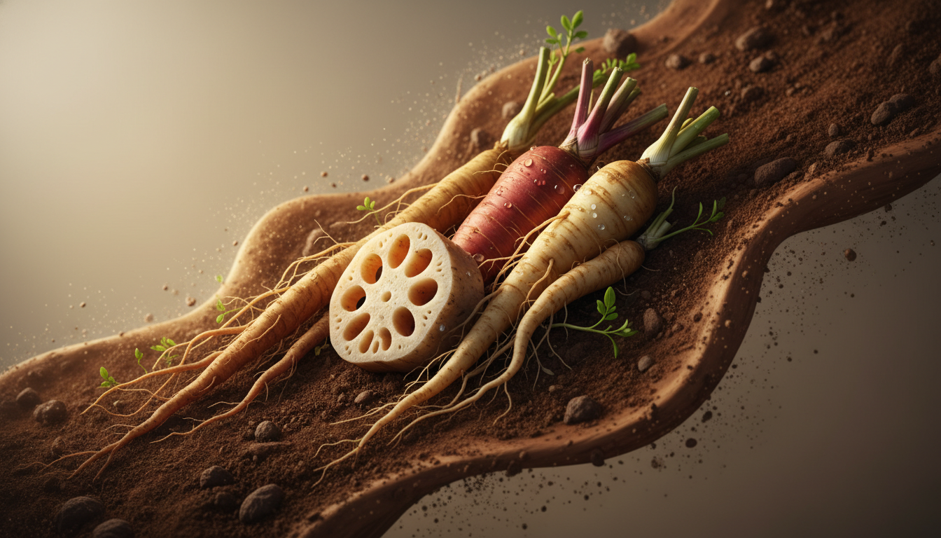 흙이 묻어있는 신선한 연근, 우엉, 더덕 등 뿌리채소 모음