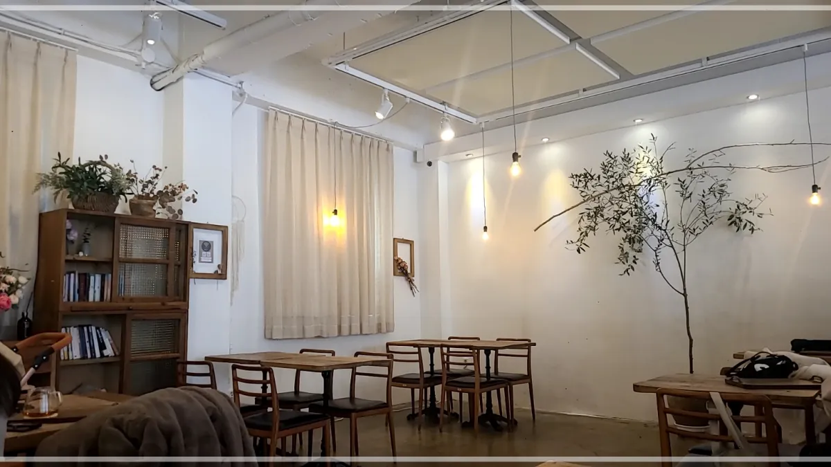 동탄플랜츠카페-내부흰색벽면-아이보리커텐-나무한그루-브라운색의책장과-책들-책장위-꽃나무2개-나무테이블과-의자들