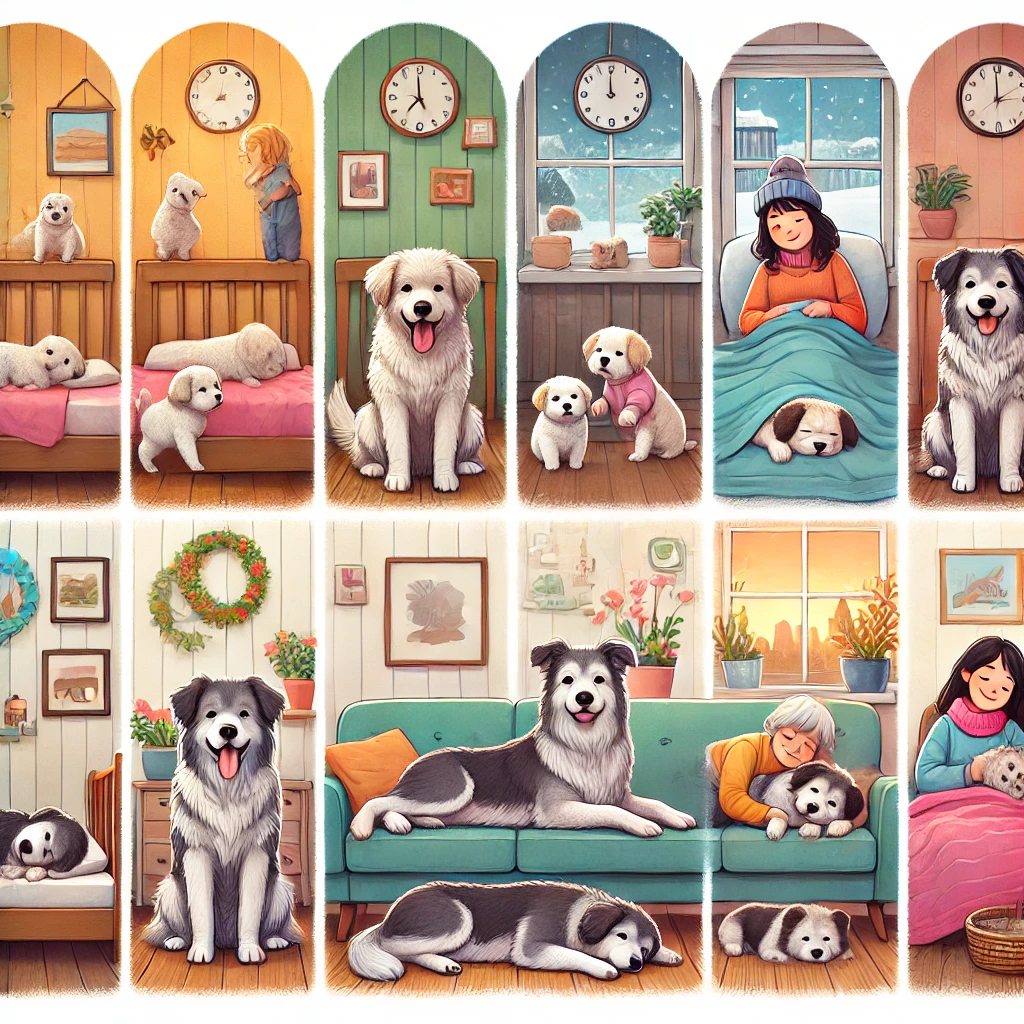 강아지들의 시간에 따라 달라지는 모습이 시계와 함께 여러 컷을 통해 보여지고 있음