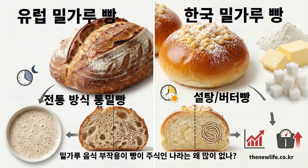천연 발효종을 사용하는 유럽 빵과 설탕 및 버터가 많이 들어가는 한국 빵의 차이점을 비교하여 밀가루 음식 부작용 원인을 설명하는 인포그래픽