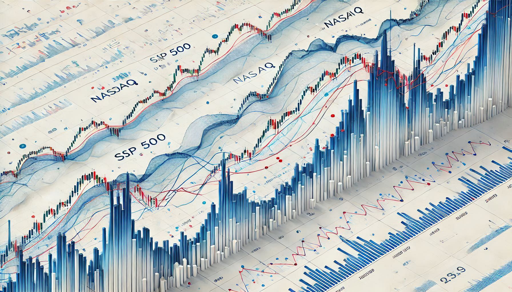 S&amp;P 500과 나스닥 지수의 성과 비교 차트. 두 지수의 장기 성장 추세와 변동성 차이를 보여주는 전문 금융 그래프
