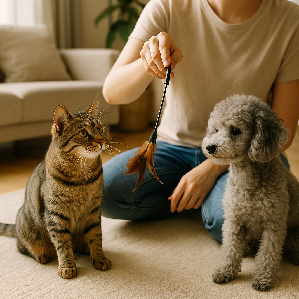 장난감으로 놀고있는 고양이와 강아지 이미지