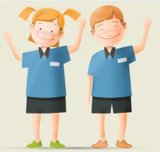 밝게 웃으며, 손을 흔드는 남녀 초등학생