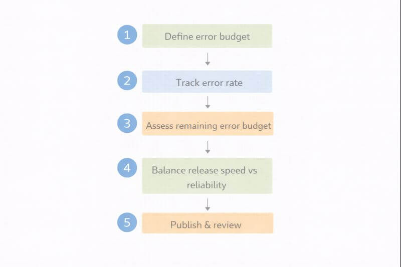 SLO를 기준으로 에러 버짓 잔액을 계산하고 잔액에 따라 배포, 실험, 안정화 우선순위를 결정하는 단계형 흐름도이다.