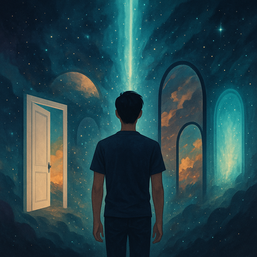 고정되지 않은 현실과 평행우주 개념을 시각화한 몽환적인 일러스트 이미지