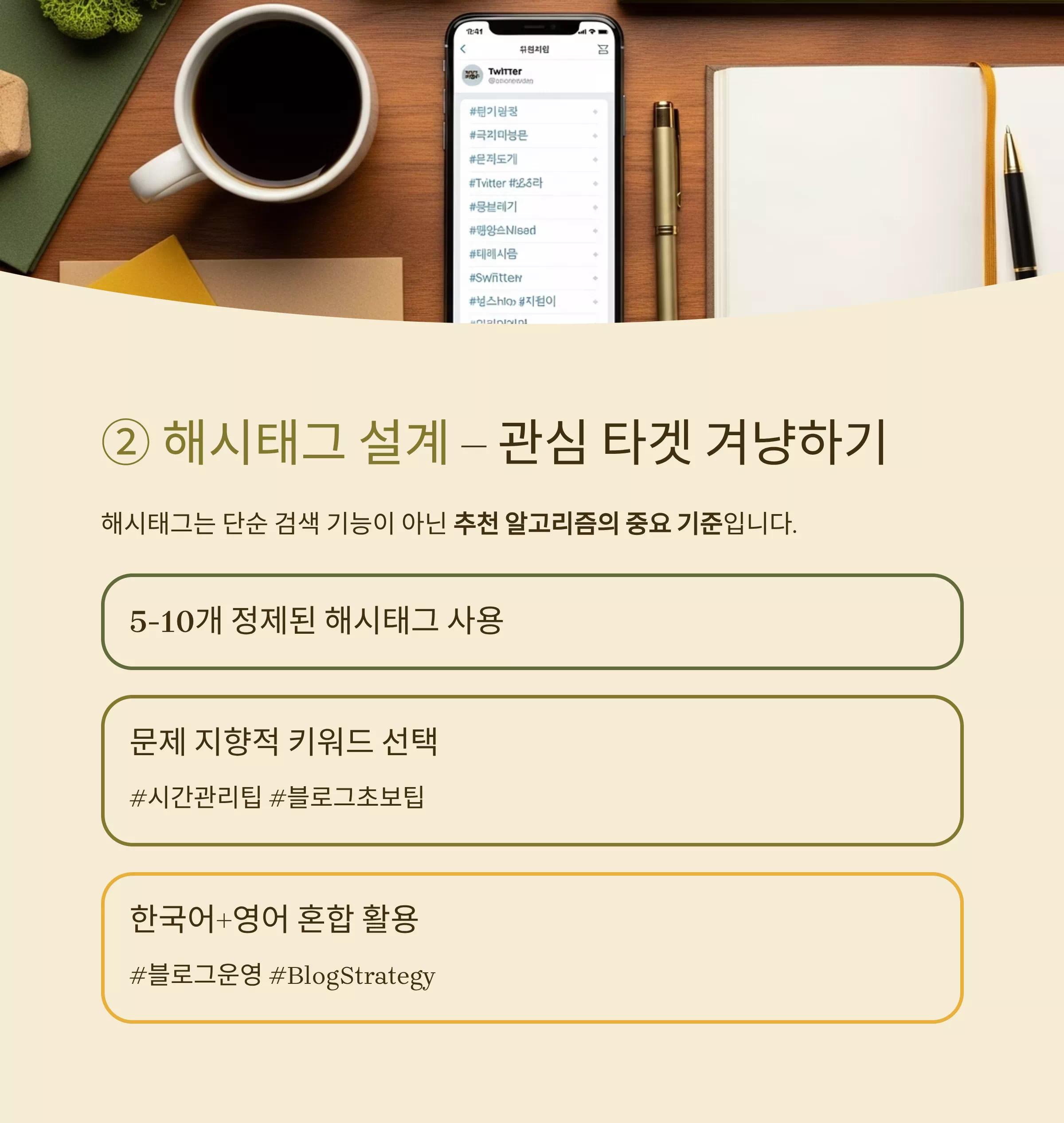 해시태그가 나열된 트위터 화면이 보이는 스마트폰과 노트 세트