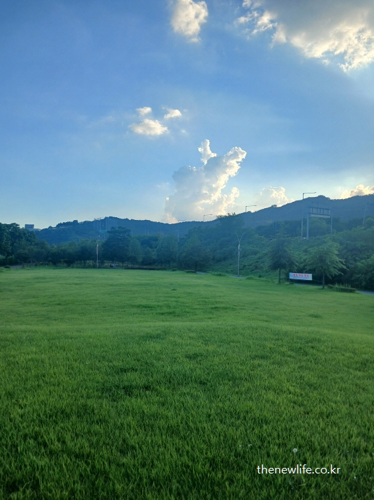 Peaceful lawn and cloud-filled sky at Guri Hangang Park, creating a calm environment for mental relaxation through barefoot earthing/구리 한강시민공원의 구름과 산이 어우러진 고요한 잔디밭 &ndash; 잔디밭 어싱을 통한 심리적 안정에 적합한 공간