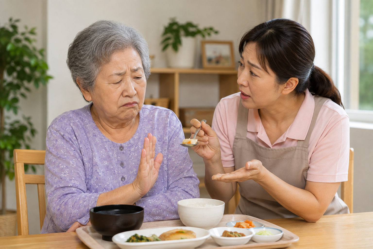 치매 어르신이 식사를 거부하자 요양보호사가 천천히 음식을 권하는 모습