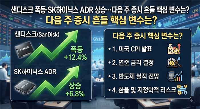 샌디스크 폭등과 증시 핵심 변수 인포그래픽.