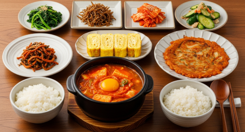 순두부찌개와 흰쌀밥을 중심으로 계란말이, 김치전이 차려진 한 상 차림.