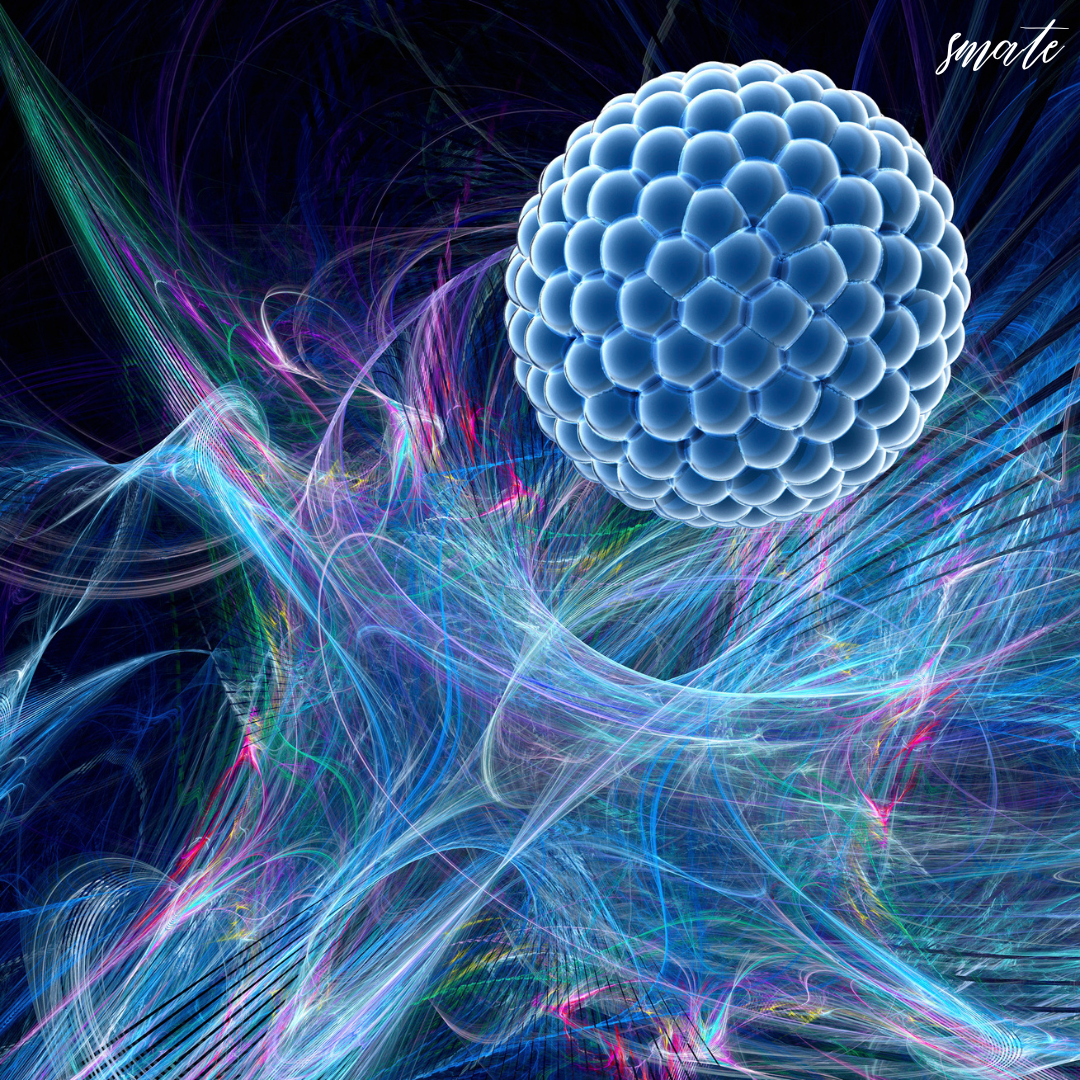 첨단 나노기술이나 분자 구조와 유사한 생동감 넘치는 소용돌이 빛 패턴으로 둘러싸인 나노 구조 구체의 추상 이미지