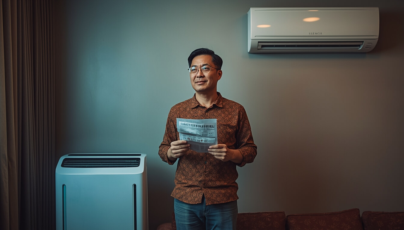 제습기와 에어컨 사이에서 전기 요금을 고민하는 남성의 모습