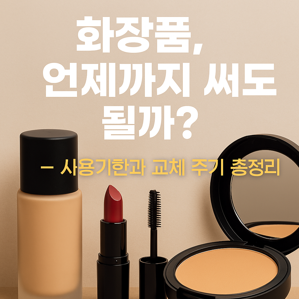 화장품 교체 시기 안내를 위한 썸네일 &ndash; 파운데이션, 립스틱, 마스카라, 압축 파우더가 베이지 배경 위에 정돈되어 있으며, '화장품, 언제까지 써도 될까?'라는 문구와 사용기한&middot;교체 주기 총정리라는 부제목이 강조됨.