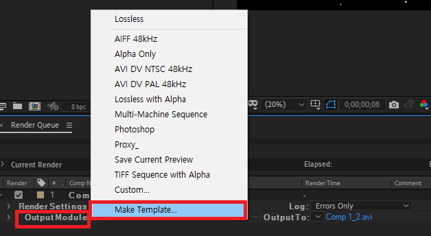Output module 옆 화살표 클릭 - make templete