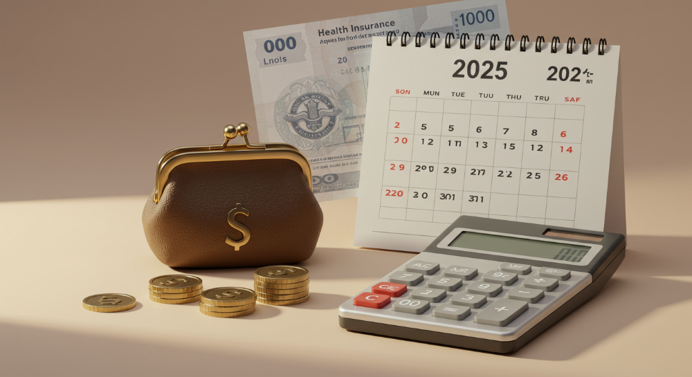2025년 지역가입자 건강보험료 산정 및 절약 방법을 나타내는 이미지. 계산기와 건강보험료 고지서, 그리고 달력과 동전이 함께 놓여 있어 재정 관리와 관련된 내용을 시각적으로 전달합니다.