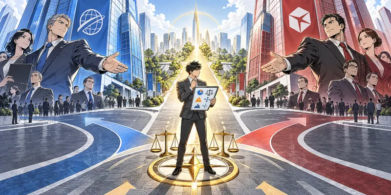 A professional analyzing risks and opportunities to find an independent path between two powerful rivals