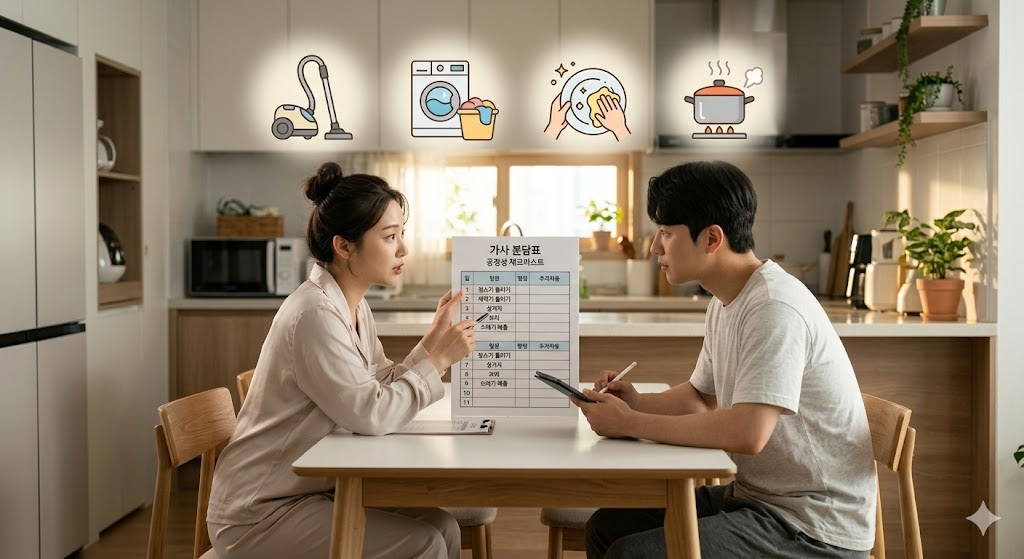 주방 식탁 위에 가사 분담표나 체크리스트를 두고 부부가 진지하게 대화하는 모습. 배경에는 청소기, 세탁기 등 가사 노동을 상징하는 아이콘들이 부드러운 일러스트로 배치되어 합리적 해결을 암시함.
