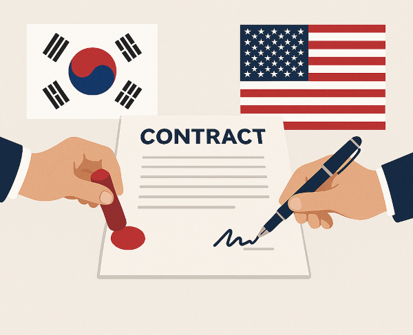 한국식 도장과 미국식 사인이 대비된 계약서 위 장면, 가운데 태극기와 미국 국기 포함된 법문화 비교 일러스트