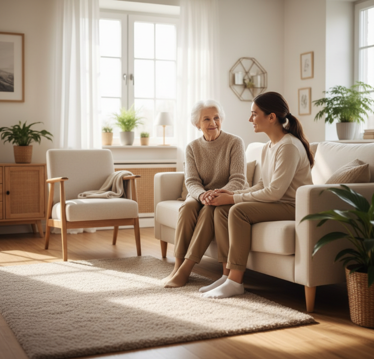 치매 어르신의 낙상 사고 예방을 위해 문턱을 없애고 밝고 깨끗하게 정돈된 거실 안전 환경 모습