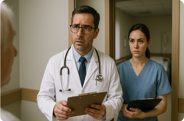 회진 중 검사 처방 주고 받는 의사와 간호사