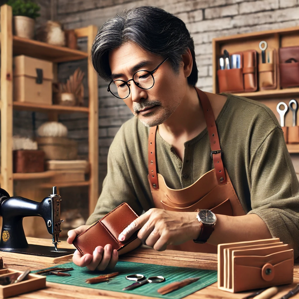 DIY 공방에서 가죽 지갑을 제작하며 도구를 사용하는 중년 남성