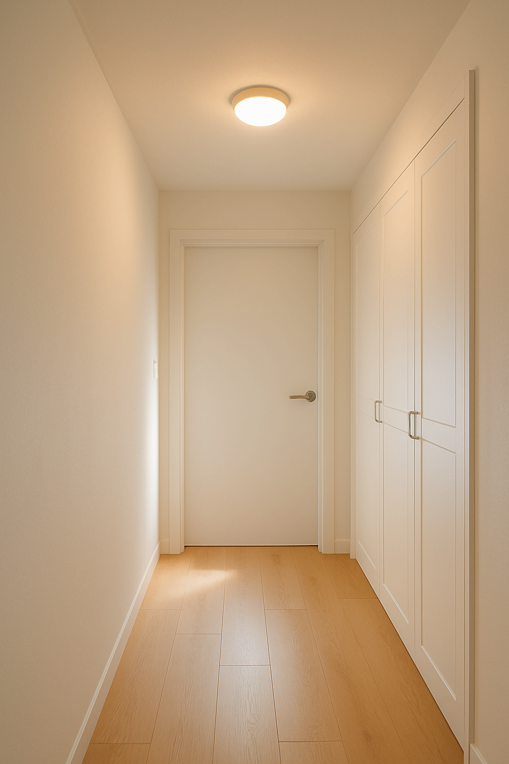 천장 조명이 켜진 밝고 깔끔한 현관 복도 인테리어