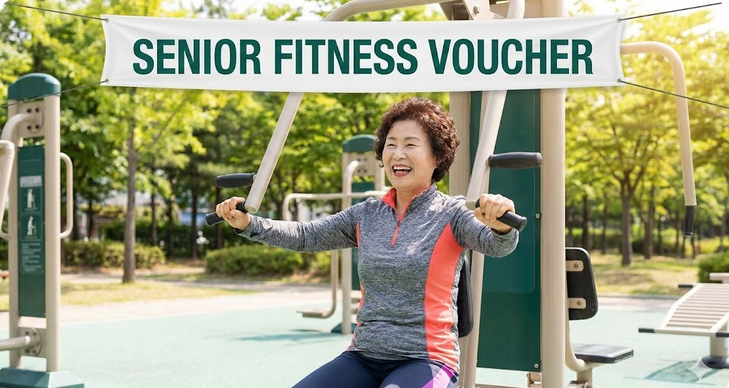 알트텍스트: SENIOR FITNESS VOUCHER 문구와 함께 활기찬 모습의 한국인 어르신 모델이 헬스장이나 공원에서 운동하고 있는 모습.