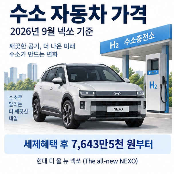 수소 자동차 가격이라는 제목과 현대 디 올 뉴 넥쏘, 수소충전소, 보조금 계산을 함께 표현한 대표 이미지