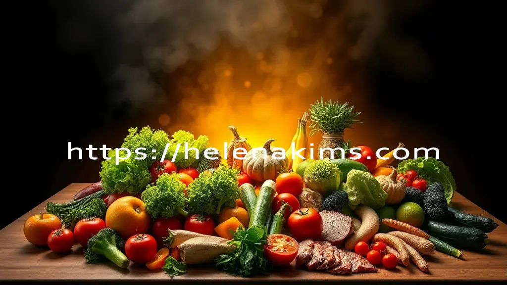 어두운 배경에 나무 식탁 위에 싱싱한 채소와 과일들이 놓여 있는 모습.