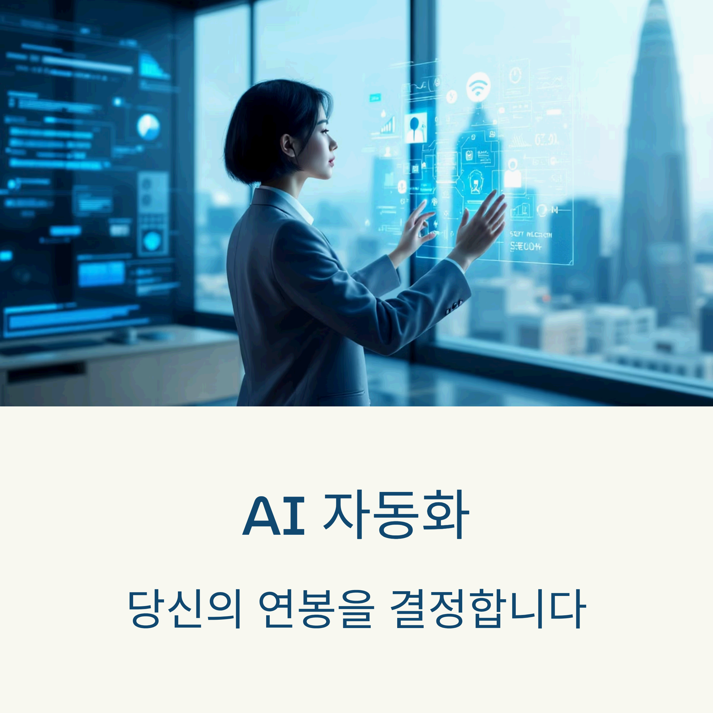 business attire confidently using multiple futuristic AI interfaces