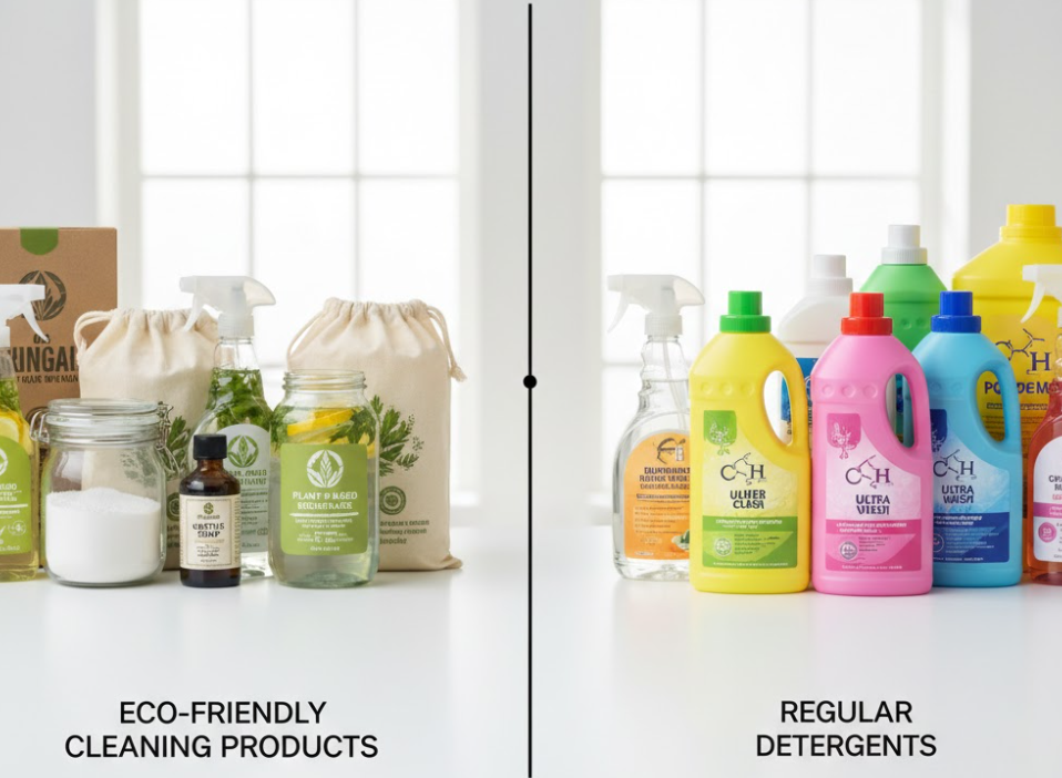 친환경 세제와 일반 세제 제품들이 나란히 놓여있는 비교 이미지
