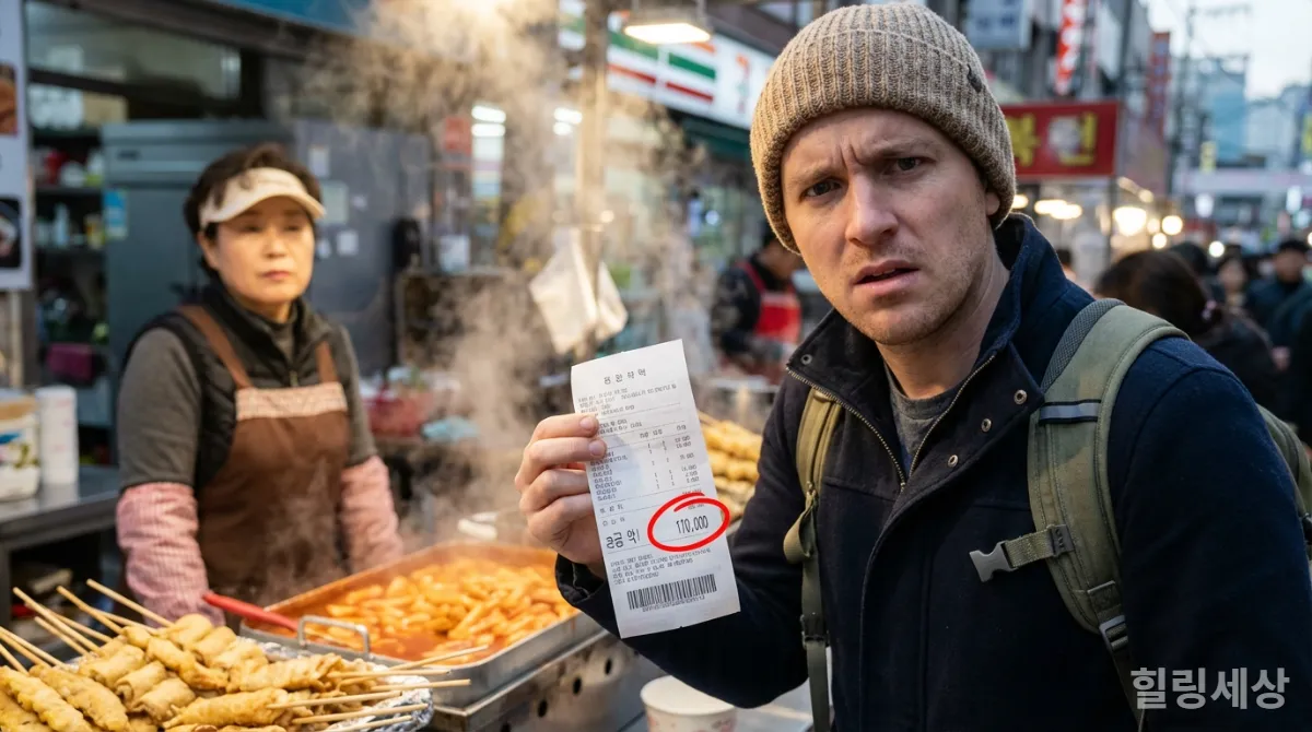 국내 관광지 길거리 음식점에서 바가지요금을 받고 당황하는 관광객의 모습