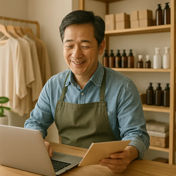 소형 매장에서 앞치마를 입은 중년 남성이 노트북과 서류를 보고 있는 모습, 온라인 신청 또는 창업 활동을 나타내는 따뜻한 장면, 텍스트 없음