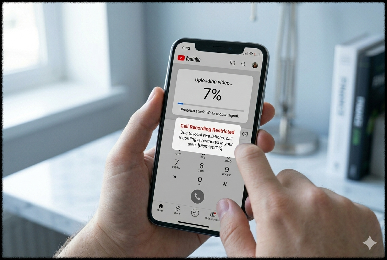 모바일 신호가 약해 유튜브 영상 업로드가 멈춘 모습
