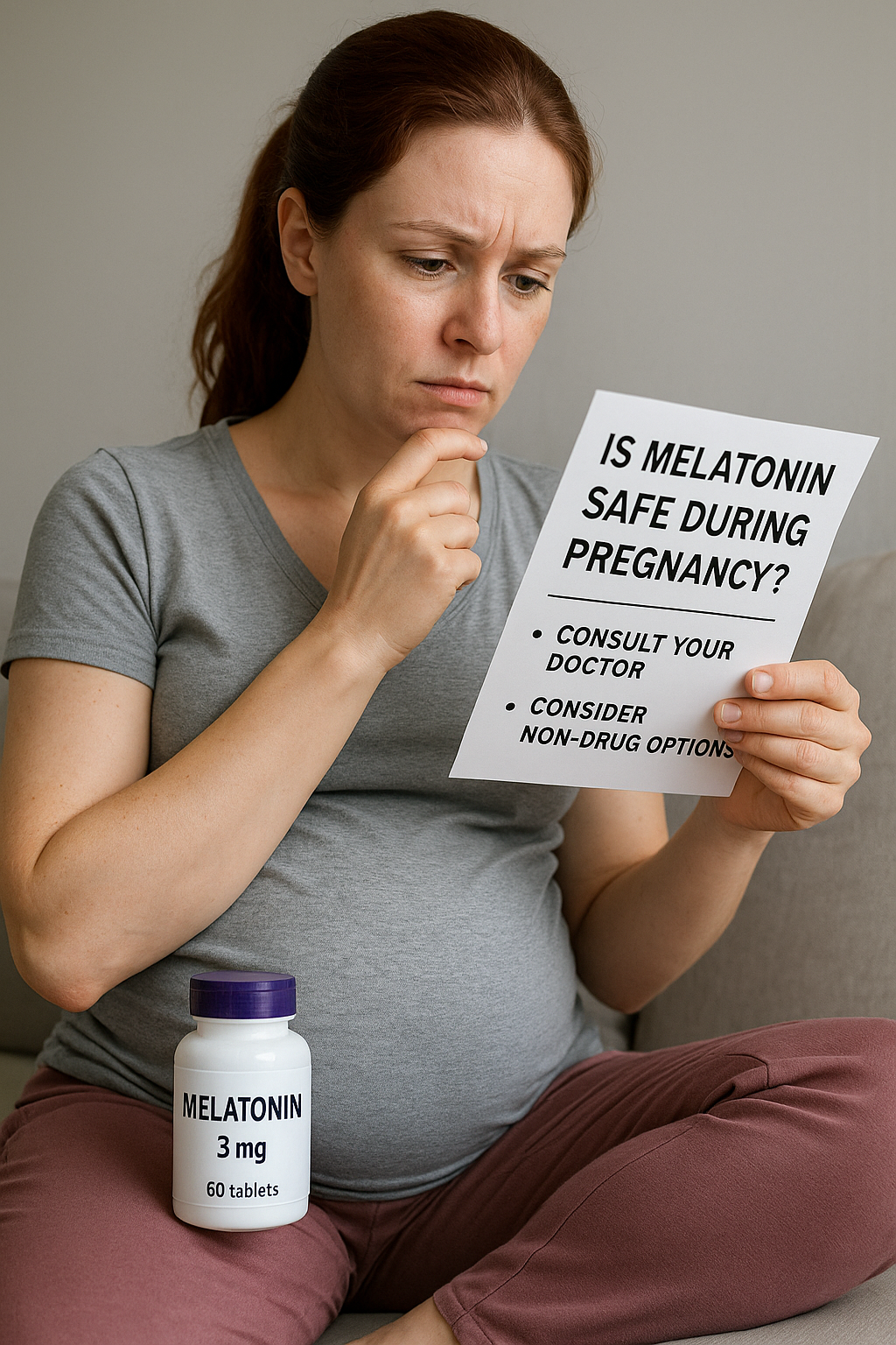 편안한 자세로 침대에 앉아 눈을 감고 있는 임신한 여성의 모습. 임산부 수면 건강과 관련된 이미지를 표현함.