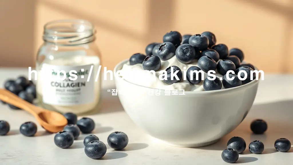 자연광이 스며드는 부드러운 배경 위, 깨끗한 흰색 볼에 담긴 무가당 그릭요거트가 중심에 놓여 있고, 그릭요거트 위에는 신선하고 촉촉한 블루베리가 뿌려져 있으며, 옆에는 투명한 콜라겐 유리병과 작은 우드 스푼에 담긴 순수한 콜라겐 파우더가